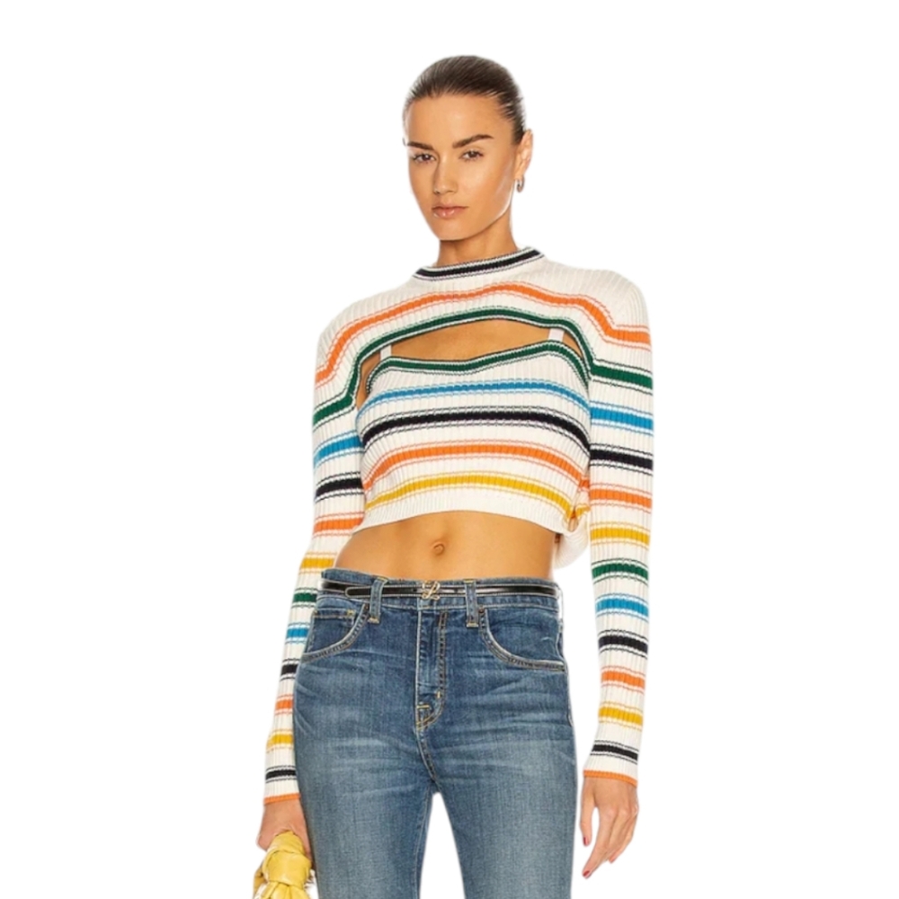 ROSIE ASSOULIN | Rainbow Striped Cutout Wool Cropped Sweater XS - Picture 8 of 11